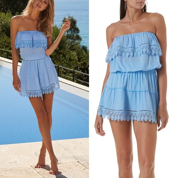 MELISSA ODABASH Joy Strapless Crochet-Trimmed Voile Mini Dress Light Blue Small - Picture 1 of 13